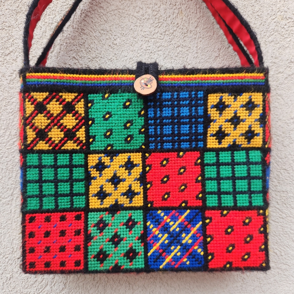 Retro 70s Handmade Tote Cross Stitch Needle Point Patchwork Hand Bag Kitschy - Picture 2 of 11